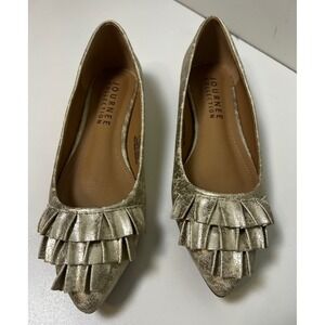 Journee Collection Judy Ballet‎ flats Vegan Leather Gold Ruffle Women Sz 7.5 NIB
